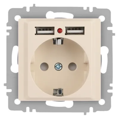 Розетка Intro Accent 6-410-02 , P+E Schuko со шторками, 16А-250В + 2хUSB, IP20, СУ, слоновая кость