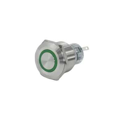 Выключатель кнопочный GQ22-L-11E/G/220V/S, зелёный, металл, 1C1NO1NC, цилиндр с подсветкой 220В AC/DC, d22мм, IP65  (ЭТ)