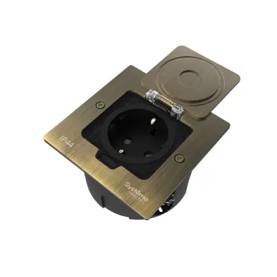 Лючок MultiDeS с розеткой 2К+З 16А/250В IP44 с монтажной коробкой для стены фальшпола стола Античная латунь тип MDK21