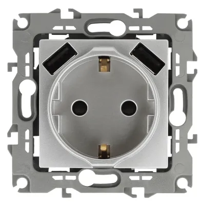 12-4109-03 ЭРА Розетка 2P+E 16A-250В, штор. с 2xUSB 5В-3А, Эра12, алюминий (10/100/2000)