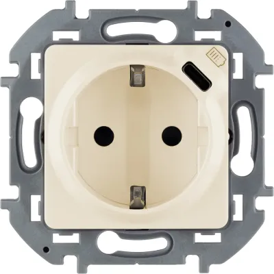 Розетка 1-местная с заземлением с защитными шторками 16А с USB C 5В безвинтовое крепление слоновая кость INSPIRIA