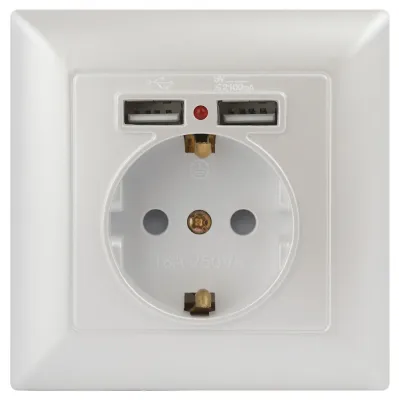 Розетка Intro Solo 4-410-06 с заземлением P+E Schuko со шторками, 16А-250В + 2хUSB, IP20, СУ, перламутр
