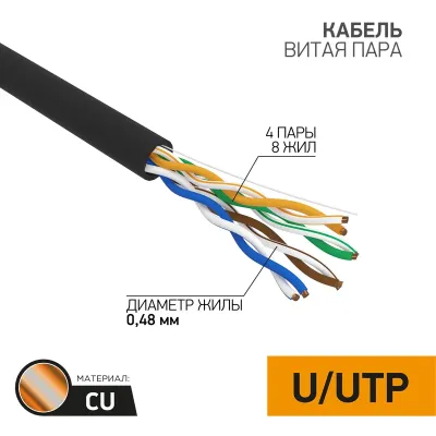 Витая пара U/UTP, CAT 5e, PE, 4PR, 24AWG, OUTDOOR, SOLID, черный, 305м, серия LIGHT, РФ