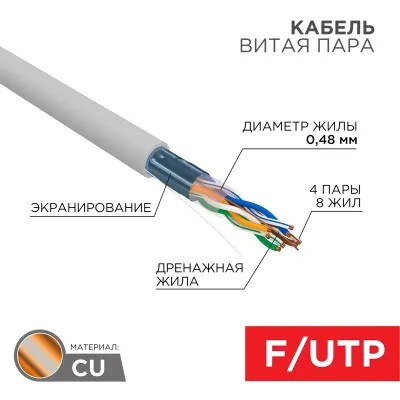 Витая пара F/UTP, CAT 5е, PVC, 4PR, 24AWG, INDOOR, SOLID, серый, серия LIGHT, РФ