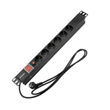 Блок розеток PDU горизонтальный 1U 6 розеток СЕЕ 7/4 Schuko 16A с выключателем шнур 2м вилка СЕЕ 7/7 Schuko черный