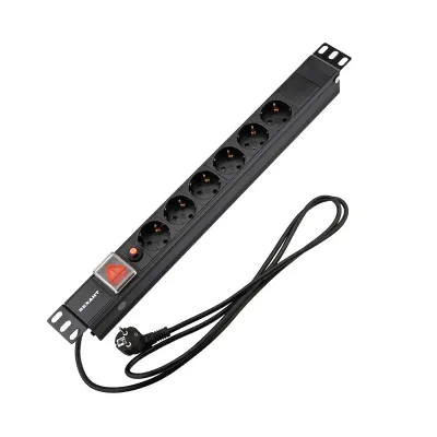 Блок розеток PDU горизонтальный 1U 6 розеток СЕЕ 7/4 Schuko 16A с выключателем шнур 2м вилка СЕЕ 7/7 Schuko черный