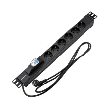 Блок розеток PDU горизонтальный 1U 6 розеток СЕЕ 7/4 Schuko 16A автомат защиты шнур 2м вилка СЕЕ 7/7 Schuko черный
