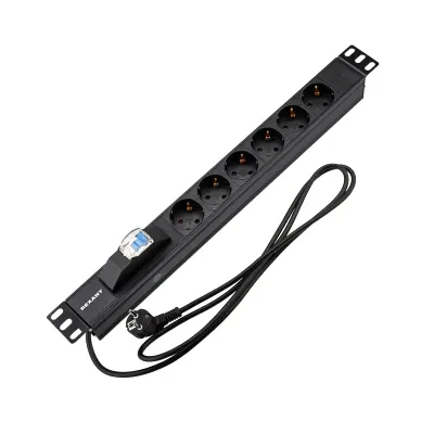 Блок розеток PDU горизонтальный 1U 6 розеток СЕЕ 7/4 Schuko 16A автомат защиты шнур 2м вилка СЕЕ 7/7 Schuko черный