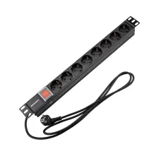 Блок розеток PDU горизонтальный 1U 8 розеток СЕЕ 7/4 Schuko 16A с выключателем шнур 2м вилка СЕЕ 7/7 Schuko черный