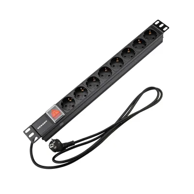 Блок розеток PDU горизонтальный 1U 8 розеток СЕЕ 7/4 Schuko 16A с выключателем шнур 2м вилка СЕЕ 7/7 Schuko черный