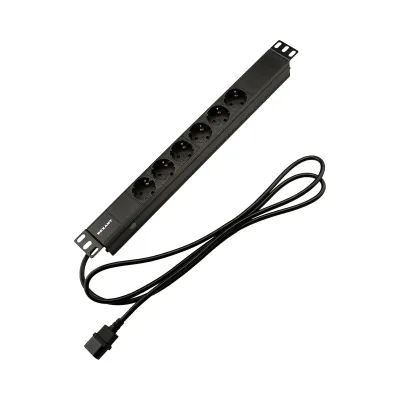Блок розеток PDU горизонтальный 1U 6 розеток СЕЕ 7/4 Schuko 10A шнур 2м вилка C14 черный