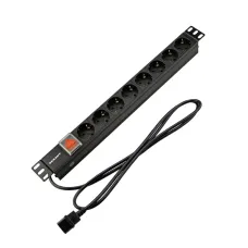 Блок розеток PDU горизонтальный 1U 8 розеток СЕЕ 7/4 Schuko 10A с выключателем шнур 2м вилка C14 черный