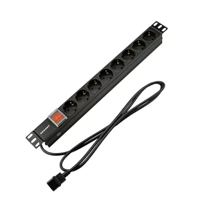 Блок розеток PDU горизонтальный 1U 8 розеток СЕЕ 7/4 Schuko 10A с выключателем шнур 2м вилка C14 черный