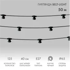 Гирлянда Belt-Light 2 жилы, 50 м, шаг 40 см, 125 патронов E27, IP65, черный провод каучук