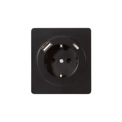 Розетка ROUND одинарная с/з скрытой установки з/ш 16А с USB A+C быстрой зарядки 5В/3А механизм оникс