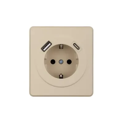 Розетка ROUND одинарная с/з скрытой установки з/ш 16А с USB A+C быстрой зарядки 5В/3А механизм шелк