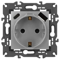 Розетка ЭРА Elegance 14-4108-03 2P+E 16A-250В со шторками с USB type-A+C 5В-3А алюминий