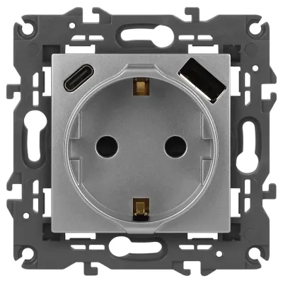 Розетка ЭРА Elegance 14-4108-03 2P+E 16A-250В со шторками с USB type-A+C 5В-3А алюминий