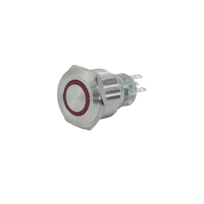 Выключатель кнопочный GQ22-L-11E/R/220V/S, красный, металл, 1C1NO1NC, цилиндр с подсветкой 220В AC/DC, d22мм, IP65  (ЭТ)
