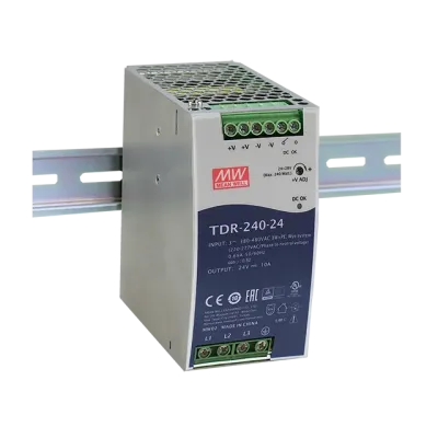 Блок питания AC-DC, 240Вт, ККМ, 3-х фазный, вход 340-550В AC, 47-63,480-780В DC, выход 24В,10A, рег. вых 24-28В, в кожухе на DIN-рейку