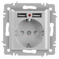 Розетка Intro Accent 6-410-03 , P+E Schuko со шторками, 16А-250В + 2хUSB, IP20, СУ, алюминий