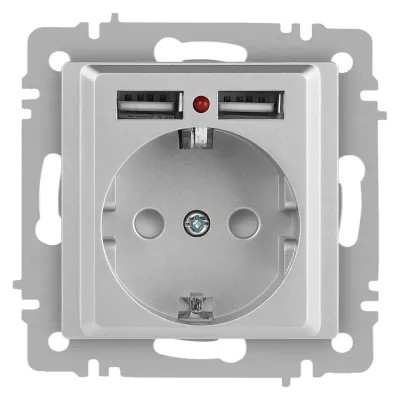 Розетка Intro Accent 6-410-03 , P+E Schuko со шторками, 16А-250В + 2хUSB, IP20, СУ, алюминий