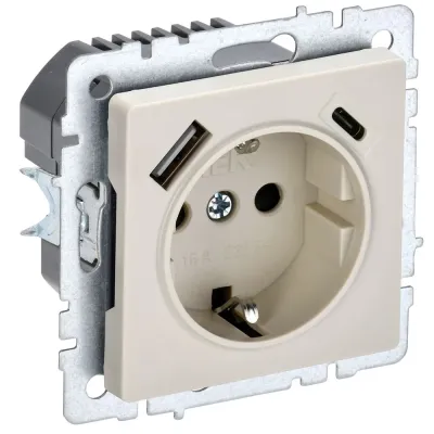 BRITE Розетка 1-местная с заземлением с защитными шторками 16А с USB A+C 18Вт РЮш11-1-БрКр бежевый