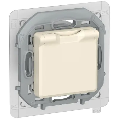 IEKINSPIRIA Розетка 1-местная с заземлением с защитными шторками и крышкой 16А IP44 6737411 слоновая кость