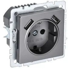 BRITE Розетка 1-местная с заземлением с защитными шторками 16А с USB A+A 5В 2,1А РЮш10-1-БрС сталь