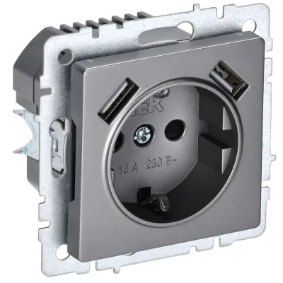 BRITE Розетка 1-местная с заземлением с защитными шторками 16А с USB A+A 5В 2,1А РЮш10-1-БрС сталь
