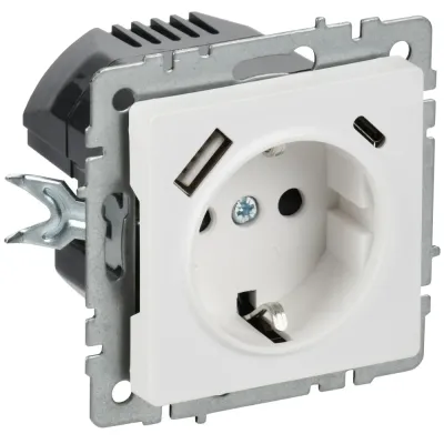 BRITE Розетка 1-местная с заземлением с защитными шторками 16А с USB A+C 18Вт РЮш11-1-БрАБ арктический белый
