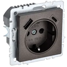 BRITE Розетка 1-местная с заземлением с защитными шторками 16А с USB A+C 18Вт РЮш11-1-БрТБ темная бронза