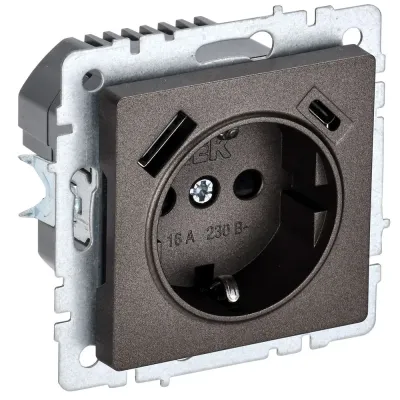 BRITE Розетка 1-местная с заземлением с защитными шторками 16А с USB A+C 18Вт РЮш11-1-БрТБ темная бронза