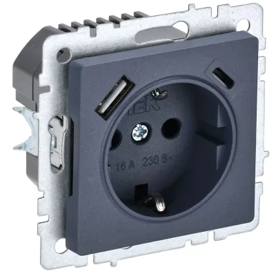 BRITE Розетка 1-местная с заземлением с защитными шторками 16А с USB A+C 18Вт РЮш11-1-БрМ маренго