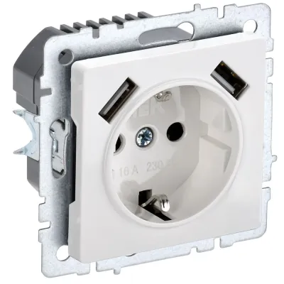 BRITE Розетка 1-местная с заземлением с защитными шторками 16А с USB A+A 5В 2,1А РЮш10-1-БрБ белый