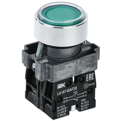 Кнопка управления LA167-BAF35 d=22мм 1NO+1NC зеленая IEK
