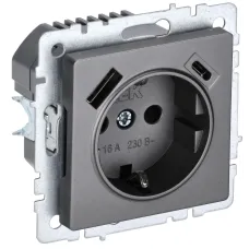 BRITE Розетка 1-местная с заземлением с защитными шторками 16А с USB A+C 18Вт РЮш11-1-БрС сталь