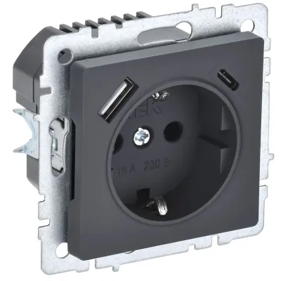 BRITE Розетка 1-местная с заземлением с защитными шторками 16А с USB A+C 18Вт РЮш11-1-БрГ графит