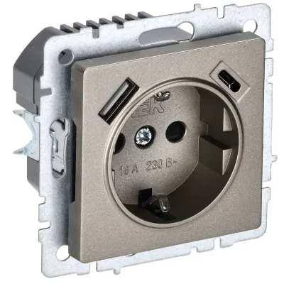 BRITE Розетка 1-местная с заземлением с защитными шторками 16А с USB A+C 18Вт РЮш11-1-БрШ шампань