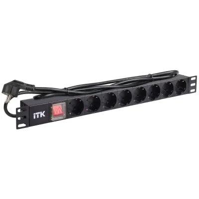 ITK PDU 8 розеток нем. ст, с LED выкл, 1U, шнур 2м вилка нем. ст