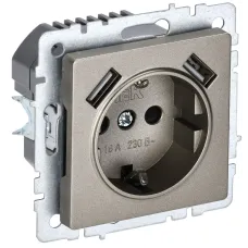 BRITE Розетка 1-местная с заземлением с защитными шторками 16А с USB A+A 5В 2,1А РЮш10-1-БрШ шампань