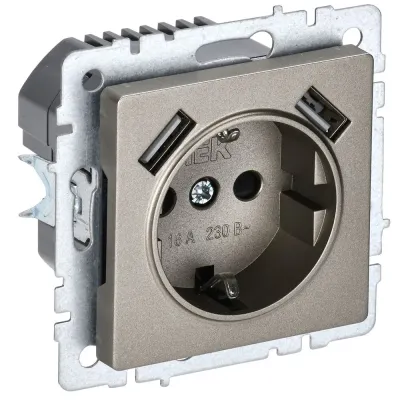 BRITE Розетка 1-местная с заземлением с защитными шторками 16А с USB A+A 5В 2,1А РЮш10-1-БрШ шампань