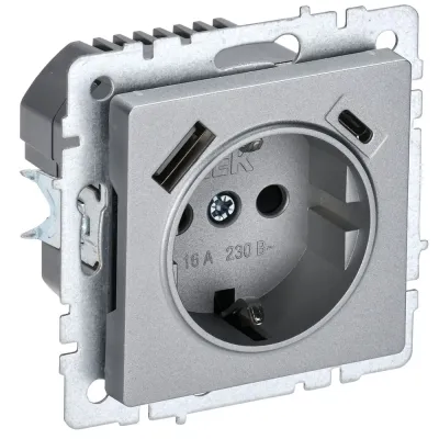 BRITE Розетка 1-местная с заземлением с защитными шторками 16А с USB A+C 18Вт РЮш11-1-БрА алюминий