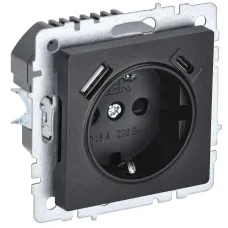 BRITE Розетка 1-местная с заземлением с защитными шторками 16А с USB A+C 18Вт РЮш11-1-БрЧ черный