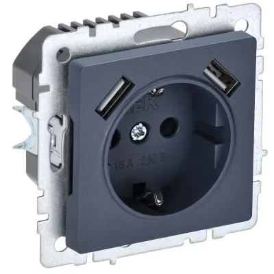 BRITE Розетка 1-местная с заземлением с защитными шторками 16А с USB A+A 5В 2,1А РЮш10-1-БрМ маренго