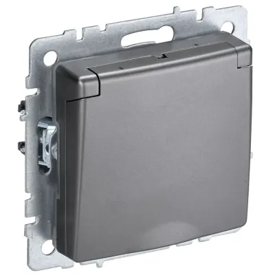 BRITE Розетка 1-местная с заземлением с защитными шторками и крышкой 16А IP44 РСбш10-3-44-БрС сталь