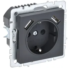 BRITE Розетка 1-местная с заземлением с защитными шторками 16А с USB A+A 5В 2,1А РЮш10-1-БрГ графит