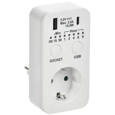 РТЭ-4 Розетка-таймер электронный с USB A+C 15мин-8ч 16А IP20 белый