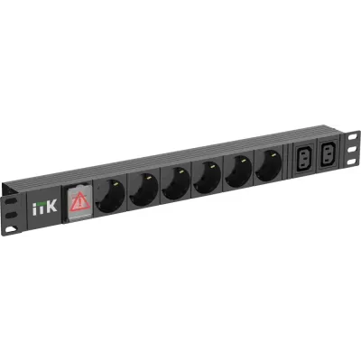 PDU 6 розеток немецкий стандарт + 2 С13 c LED выключателем 1U вход С14 без кабеля алюминиевый профиль