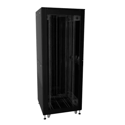 Шкаф напольный разобранный IT-CQE-N 24U 600x800мм, крыша с вырубкой, дверь стекло и сплошная металл, одинарные боковые панели, черный RAL9005